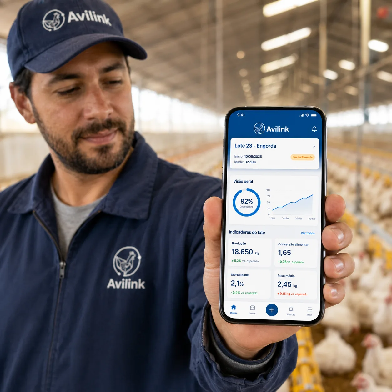 Produtor acompanhando os registros do lote pelo aplicativo Avilink dentro do galpão